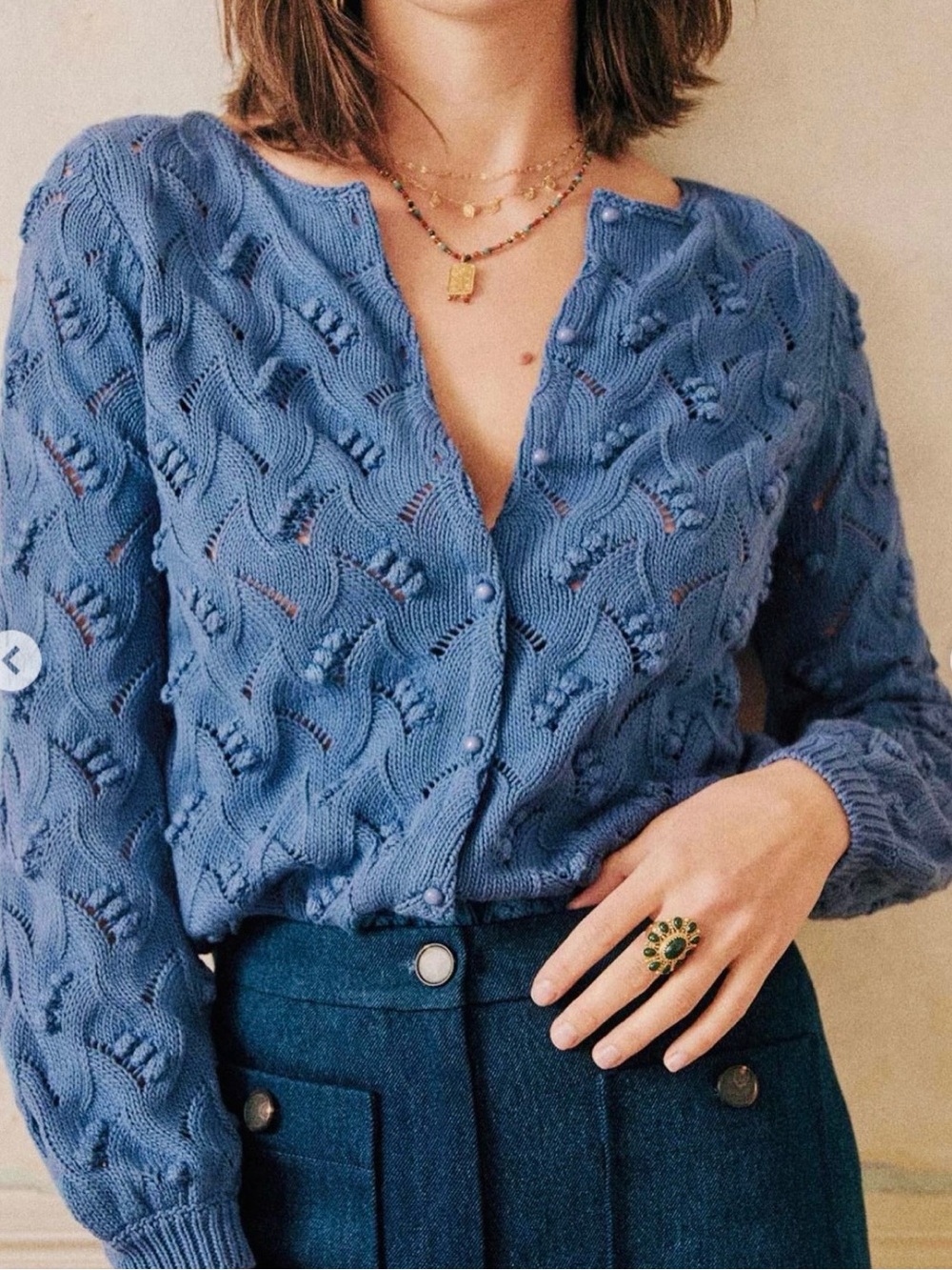 Sezane Dusty Blue Textured Knit Button-Front Cardigan